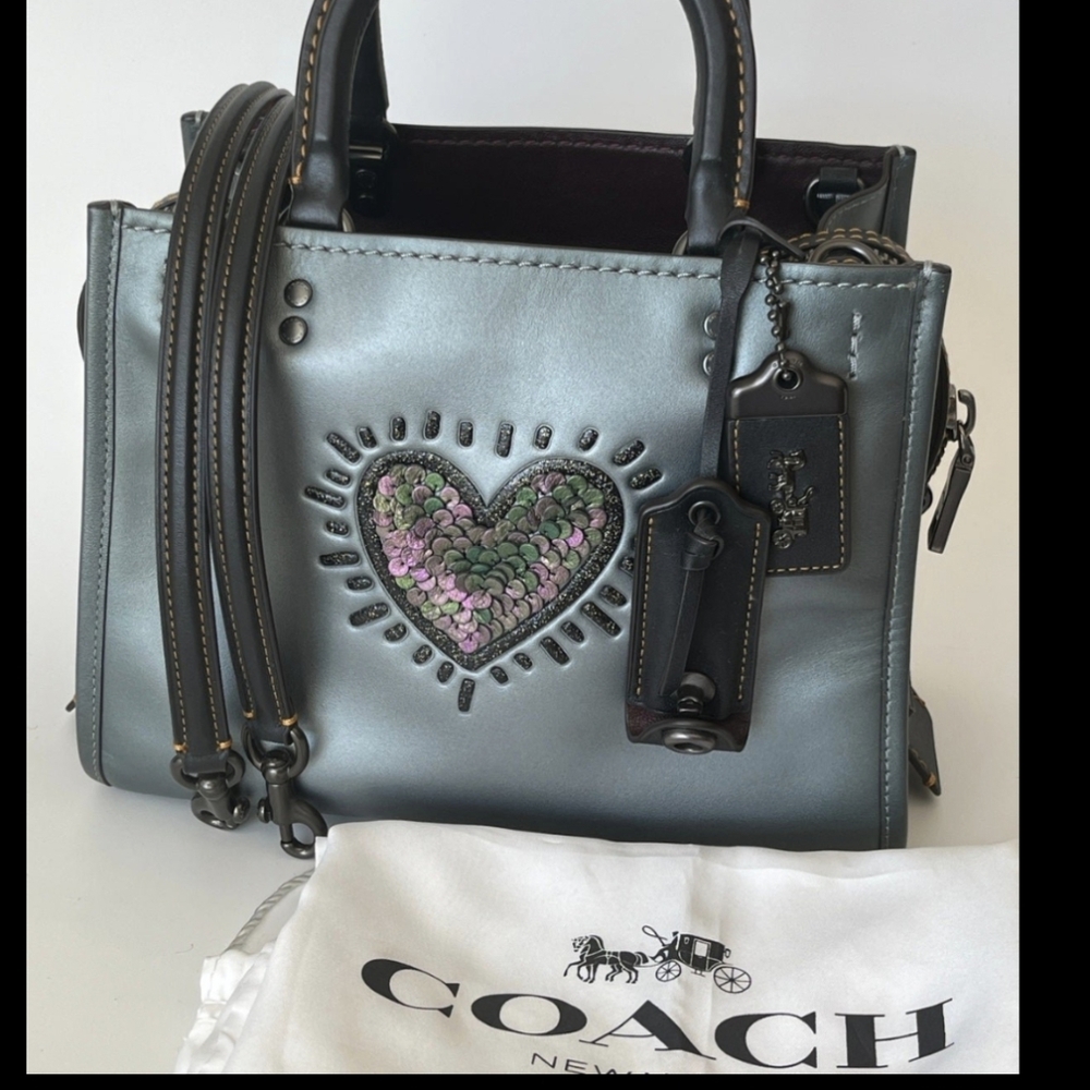 Coach Keith Haring Rogue 25 Metallic Grey With Leather Sequins Heart